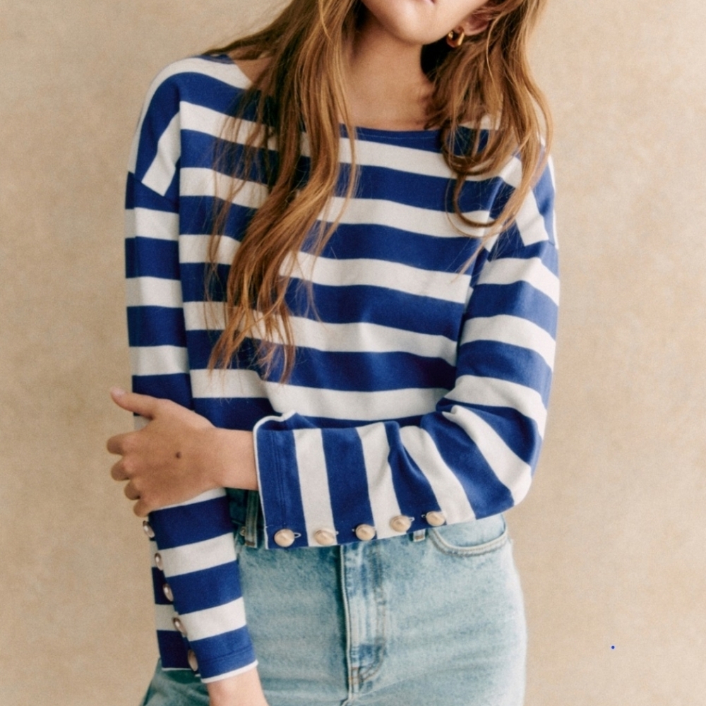 Sezane Blue and White Striped Long Sleeve Top